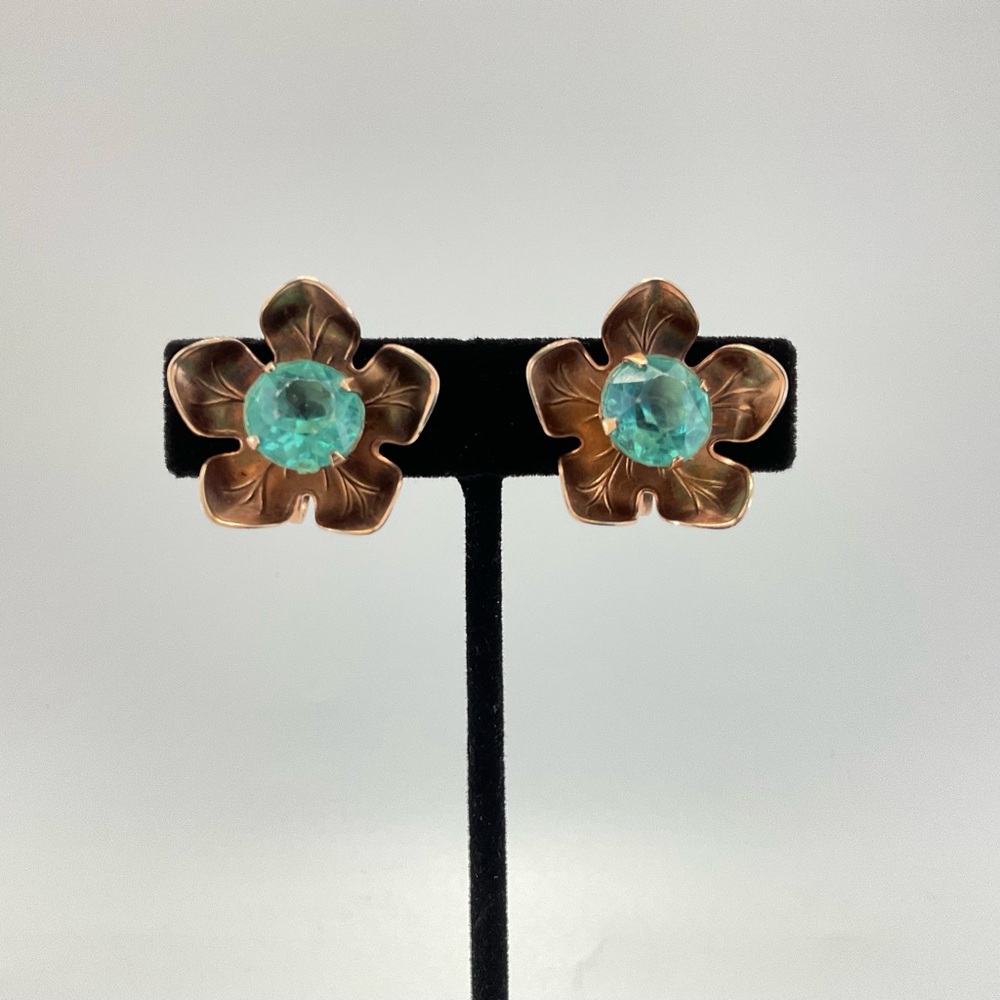 Vtg Copper Floral Earrings with Aqua Blue Rhinestones, MCM, Screw Backs